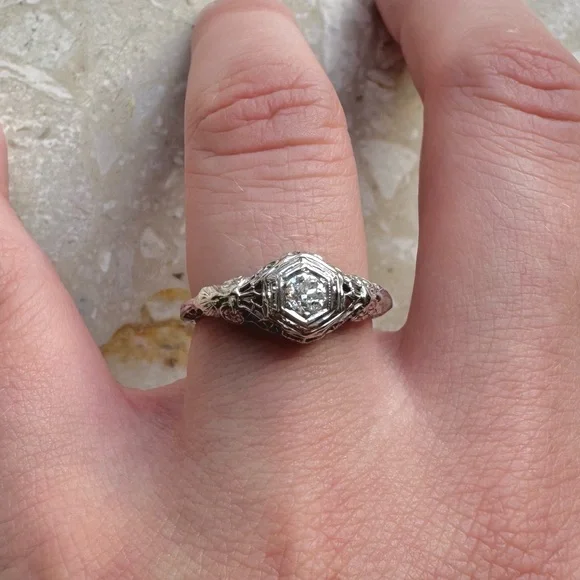 Antique Filigree 14k White Gold Old Mine Cut Diamond Engagement Ring - Picture 7 of 16